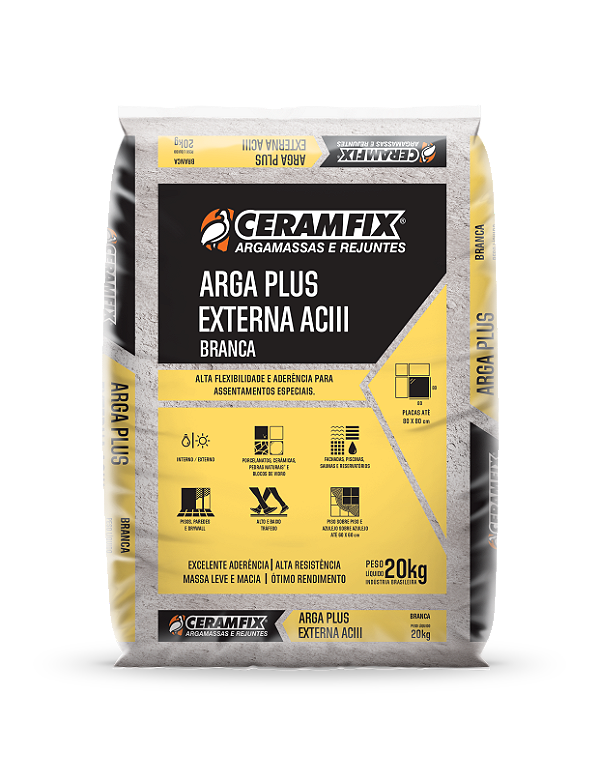 ARGAMASSA CERAMFIX AC3 PLUS  20KG BRANCA  ASSENTAMENTO ATÉ 170X170 (USO INTERNO)  SOBREPOSIÇÃO EXT ATÉ 150X150 SECAGEM 24HS