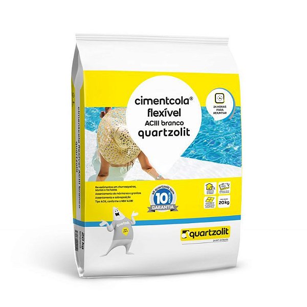 ARGAMASSA QUARTZOLIT ACIII SAUNAS/CHURR/PISC 20KG BRANCA REVESTIMENTO ATÉ 170X170 USO INTERNO E 150X150 USO EXTERNO 24HORAS PARA REJUNTAR