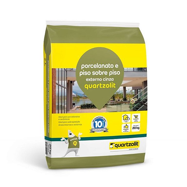 ARGAMASSA QUARTZOLIT PORCELANATO PISO SOB PISO EXTERNO 20KG CINZA REVESTIMENTO ATÉ 150X150 USO (INTERNO) 100X100CM (EXTERNO) 90X890 SOBREPOSIÇÃO
