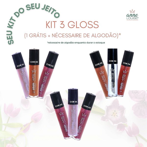 Kit 3 gloss (1 unid grátis) + Nécessaire de Algodão