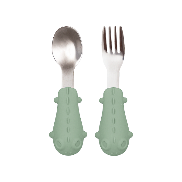 Kit talheres em inox com cabo em silicone infantil verde buba