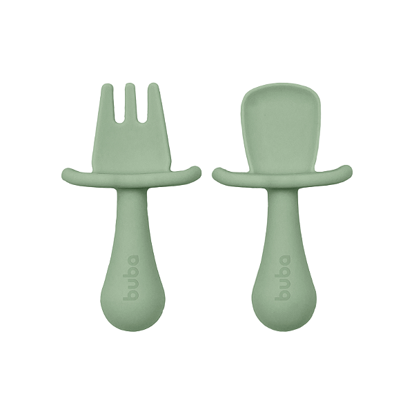 Kit talheres em silicone infantil com escudo verde buba