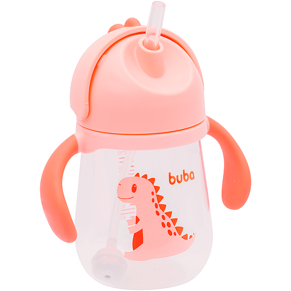 Copo alça e canudo em silicone dino infantil buba rosa