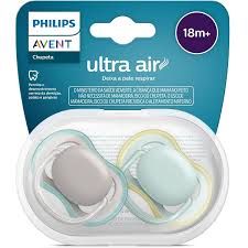 Kit com duas chupetas avent ultra air dupla 18m+ lisa cinza e azul