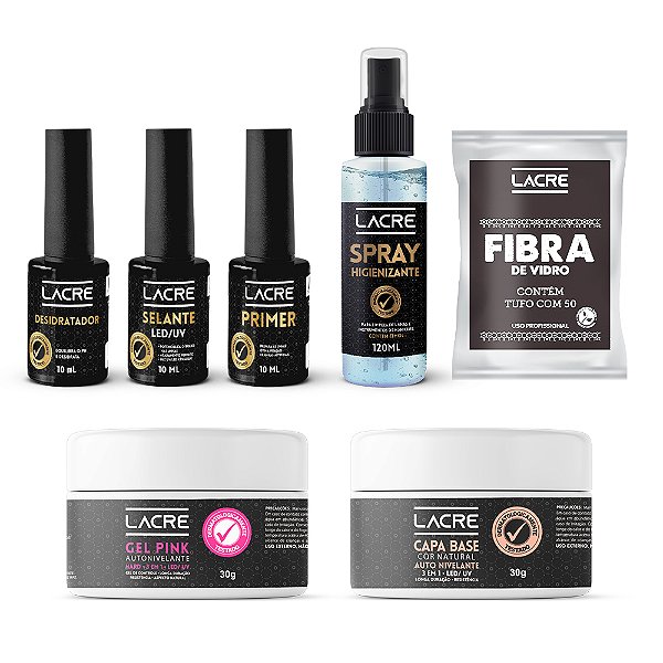 Kit Gel Lacre Pink - 7 produtos para Alongamento de Unha (Capa Base 20g+Gel Pink 24g+ Desidratador+ Selante + Prep + Primer + Fibra)