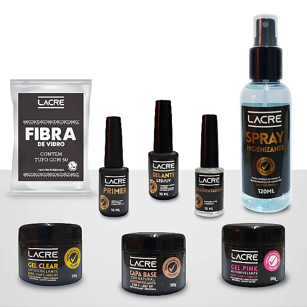 Kit Lacre Premium: Gel para Alongamento de Unha - Contém 8 produtos (1 Gel Capa Base, 1 gel clear + 1 gel pink, 1 Desidratador, 1 Primer, 1 Prep Higienizante, 1 Selante e 1 Fibra com 50 tufos)