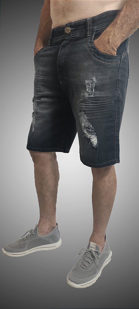 Bermuda Masculina Jeans Rasgado Triple Stitching Preto Estonado SURF-X.