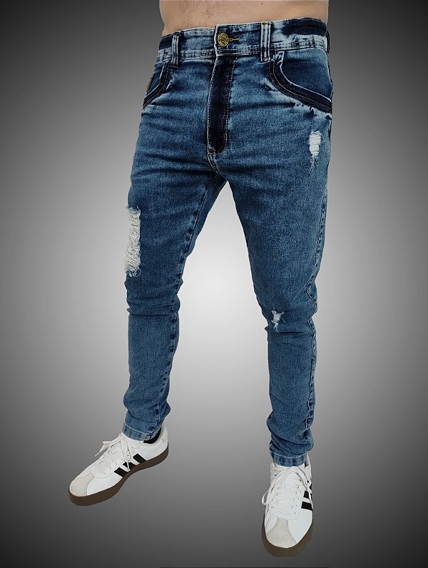 Calça Slim Fit Triple Stitching Jeans Destroyer Blue Stone Rasgada.