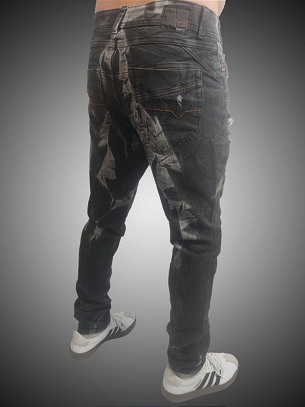 Calça Slim Fit Triple Stitching Jeans Destroyer Black Stone Tie Dye Rasgada.
