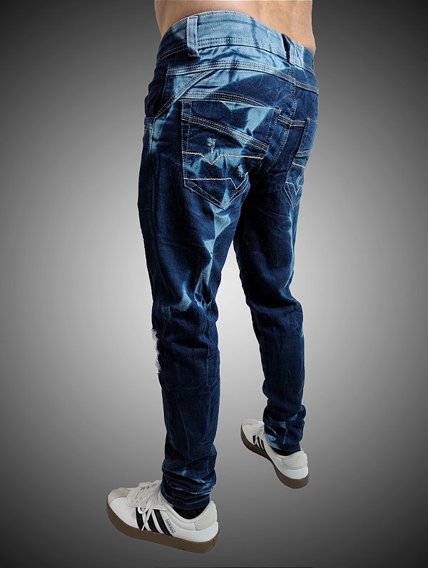 Calça Slim Fit Triple Stitching Jeans Destroyer Blue Stone Tie Dye Rasgada.