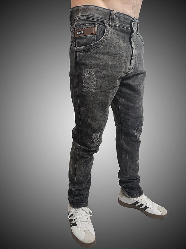 Calça Jeans masculina Slim Fit SURF-X Destroyer Black Marmorizada Triple Stitching.