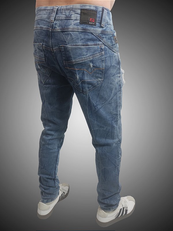Calça Jeans masculina Slim Fit SURF-X Destroyer Blue Marmorizada Triple Stitching.