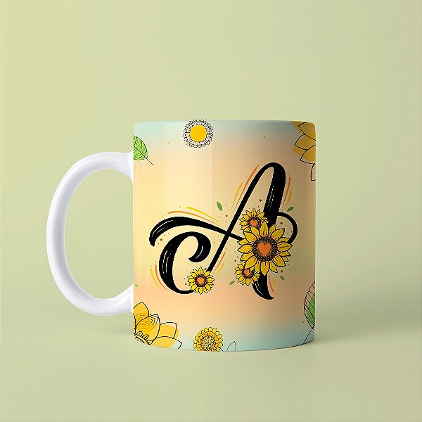 Caneca em cerâmica 325 ml - Artes Letras Girassol - A ate J