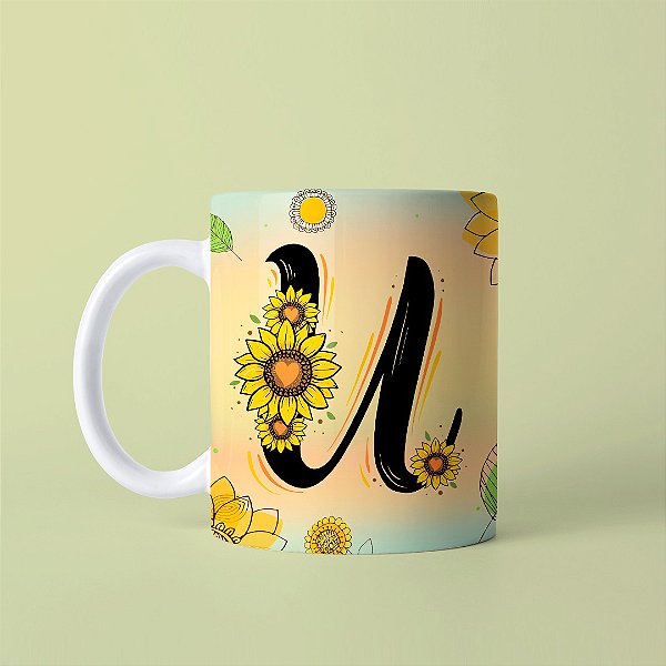 Caneca em cerâmica 325 ml - Artes Letras Girassol - U ate Z