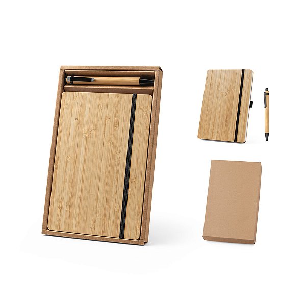 Conjunto de caderno A5 192 páginas pautadas e esferográfica em bambu - Personalizados