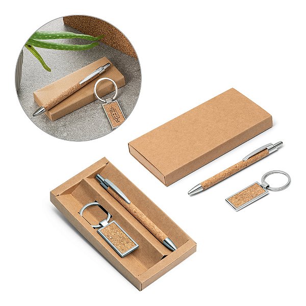 Kit caneta e chaveiro em metal com acabamento em cortiça - Personalizados
