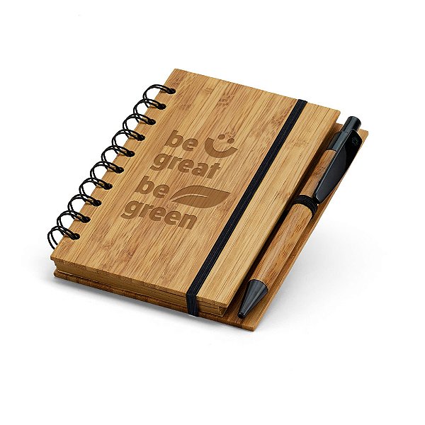 Caderno A6 capa dura bambu com 140 páginas pautadas - Personalizados