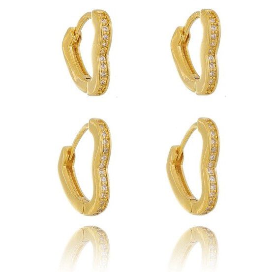 Brinco Duplo Corações Cravejados Folheado em Ouro 18k
