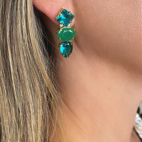 Brinco Esmeralda e Cristal Folheado em Ouro 18k