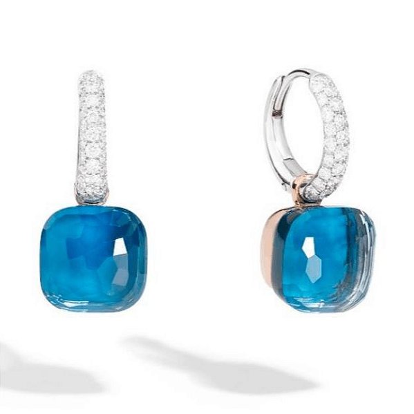 Brinco Argola com Pedra Azul em Ródio Branco