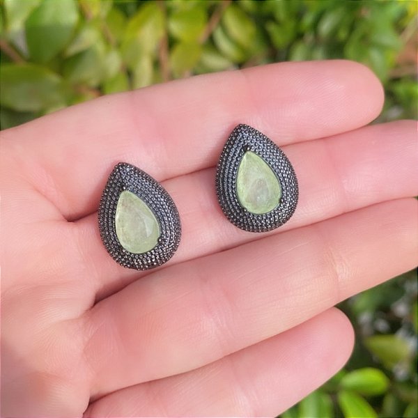 Brinco Gota Trabalhada Fusion Verde Ródio Negro