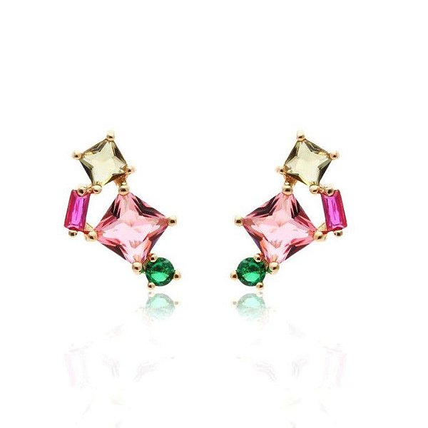 Brinco de Pedras Coloridas Folheado em Ouro 18k