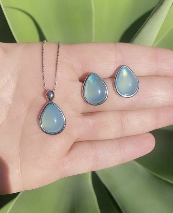 Conjunto de Agata Azul Folheado em Rodio Branco