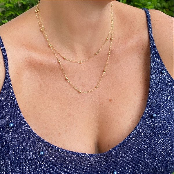 Colar Duplo Bolinhas Folheado em Ouro 18k