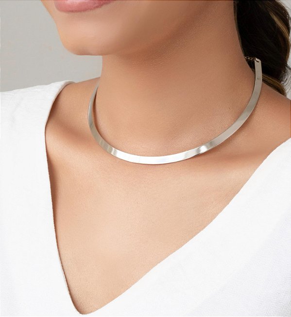 Colar Choker Aro Liso Folheado em Ródio Branco