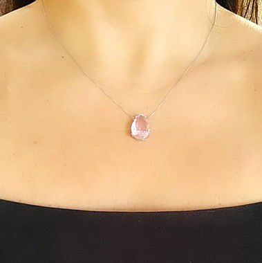 Colar Gota Rosa Folheado em Ródio Branco