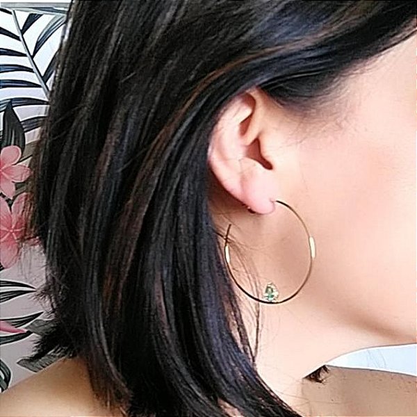 Brinco Argola e Gota Esmeralda Folheado em Ouro 18k