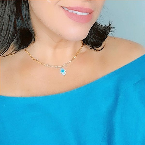 Colar Olho Grego Hamsa e Pontos de Luz