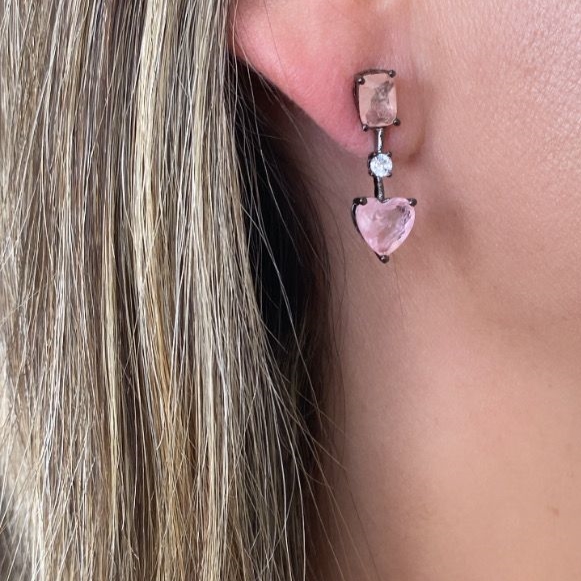 Brinco Coração e Gota Fusion Rosa  em Ródio Negro