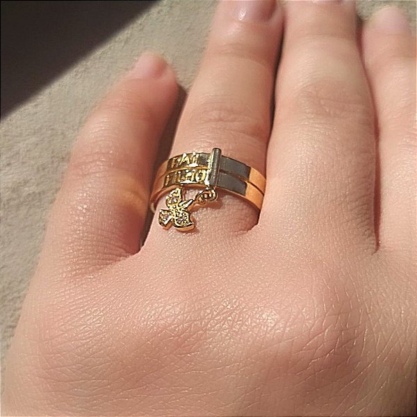 Anel com Pingente e Frase Folheado em Ouro 18k