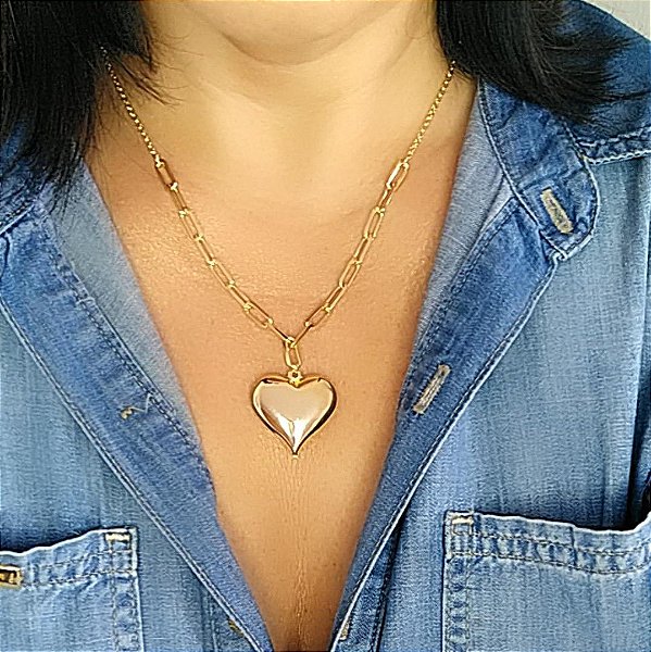Colar Elos Coração Fechado Folheado em Ouro 18k