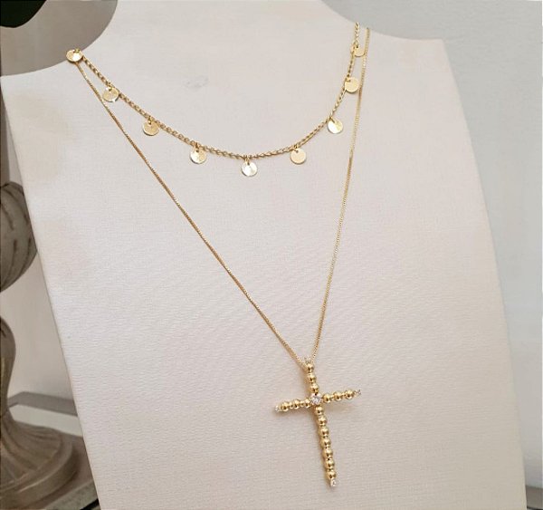 Colar Crucifixo Bolinhas e Pontos de Luz Folheado em Ouro