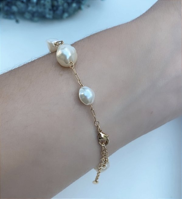 Pulseira Pérola Barroca Folheada em Ouro