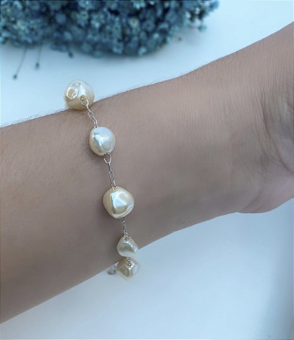 Pulseira de Pérolas Barroca Folheada em Ródio Branco