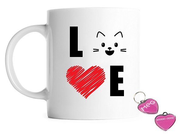 Combo Pingente Coração e Caneca Branca Cat Love