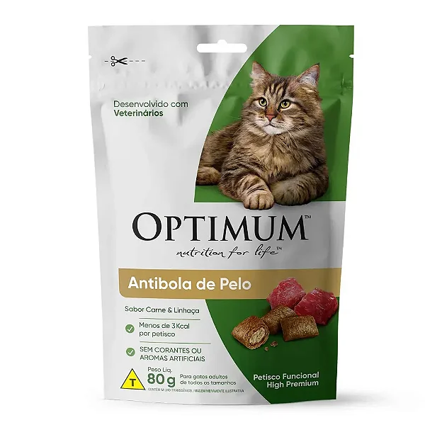 Petisco Optimum Cat Anti Bola de Pelo Gatos Adultos Carne e Linhaça - 80 gr