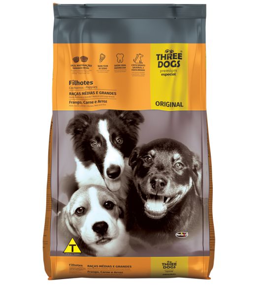 Ração Hercosul Three Dogs Original Filhotes Raças Médias e Grandes Frango Carne e Arroz Premium Especial