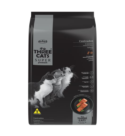 Ração Hercosul Three Cats Super Premium Castrado Mais 6 Meses Salmão