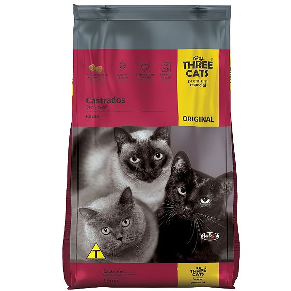 Ração Three Cats Original para Gatos Adultos Castrados Sabor Carne