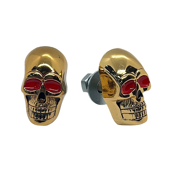 Par de Parafusos para Placa Caveira Dourada Olhos Vermelhos