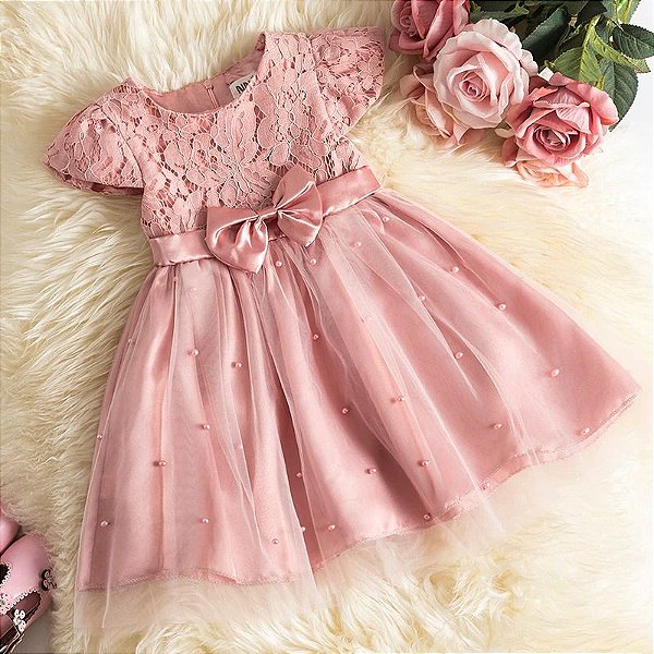 Vestido Infantil Barbie Luxo Rosa Com Cinto de Pérolas - Roupa