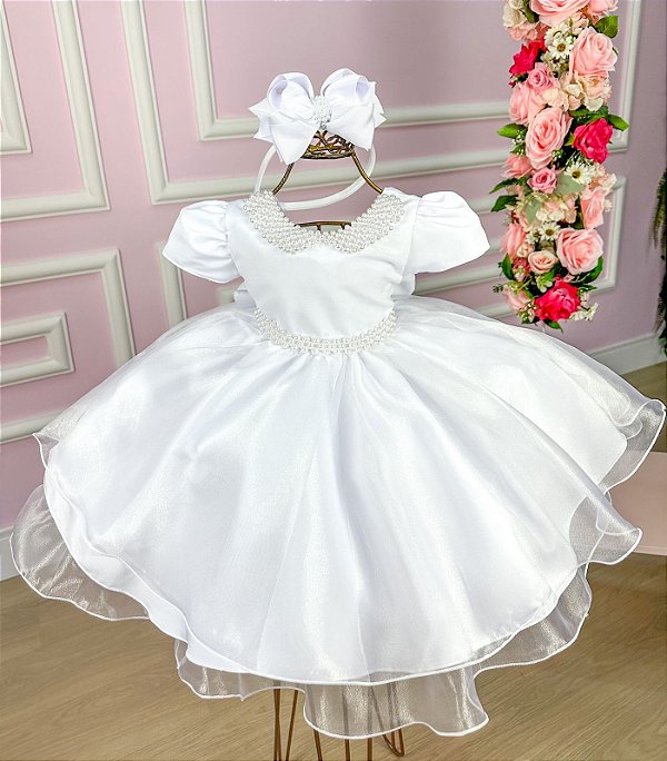 Vestido Infantil Batizado Daminhas Belle Fille Branco Gola de Perolas -  Roupa Infantil|Lemelon Moda Infantil e Bebê
