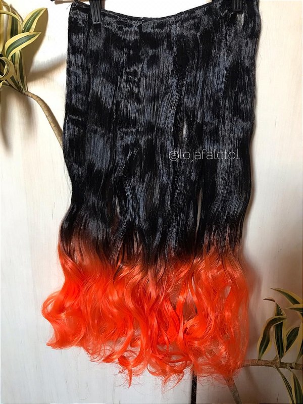 Aplique tic tac preto com ombre hair laranja com cachos 60cm