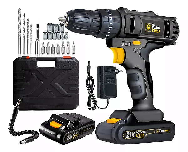 Furadeira Parafusadeira Bateria 21v Biv Impacto con Maleta Cor Preto 110V/220V The Black Tools TB-21P