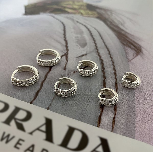 Trio de Argola Cravejada 3 Fileira Prata 925