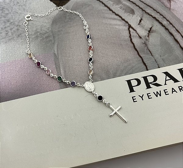 Pulseira de Terço com Zircônias Coloridas Prata 925